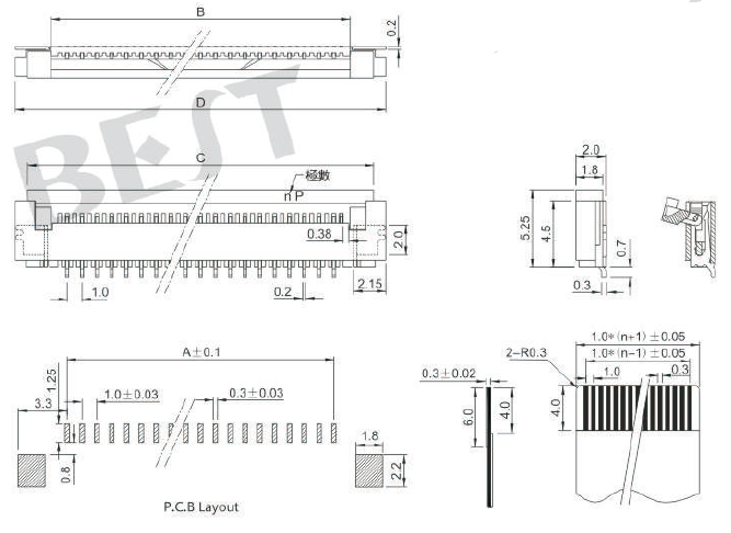 FPC连接器1.0K-DX-NPWB-T/R参考图纸